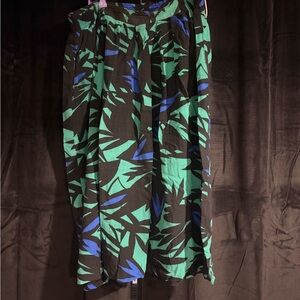 80s Vintage Midi Skirt Teal & Royal Blue Leaf Print